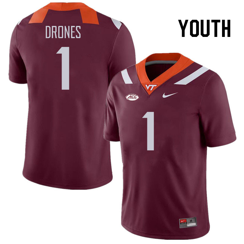 Youth #1 Kyron Drones Virginia Tech Hokies College Football Jerseys Stitched Sale-Maroon - Click Image to Close
